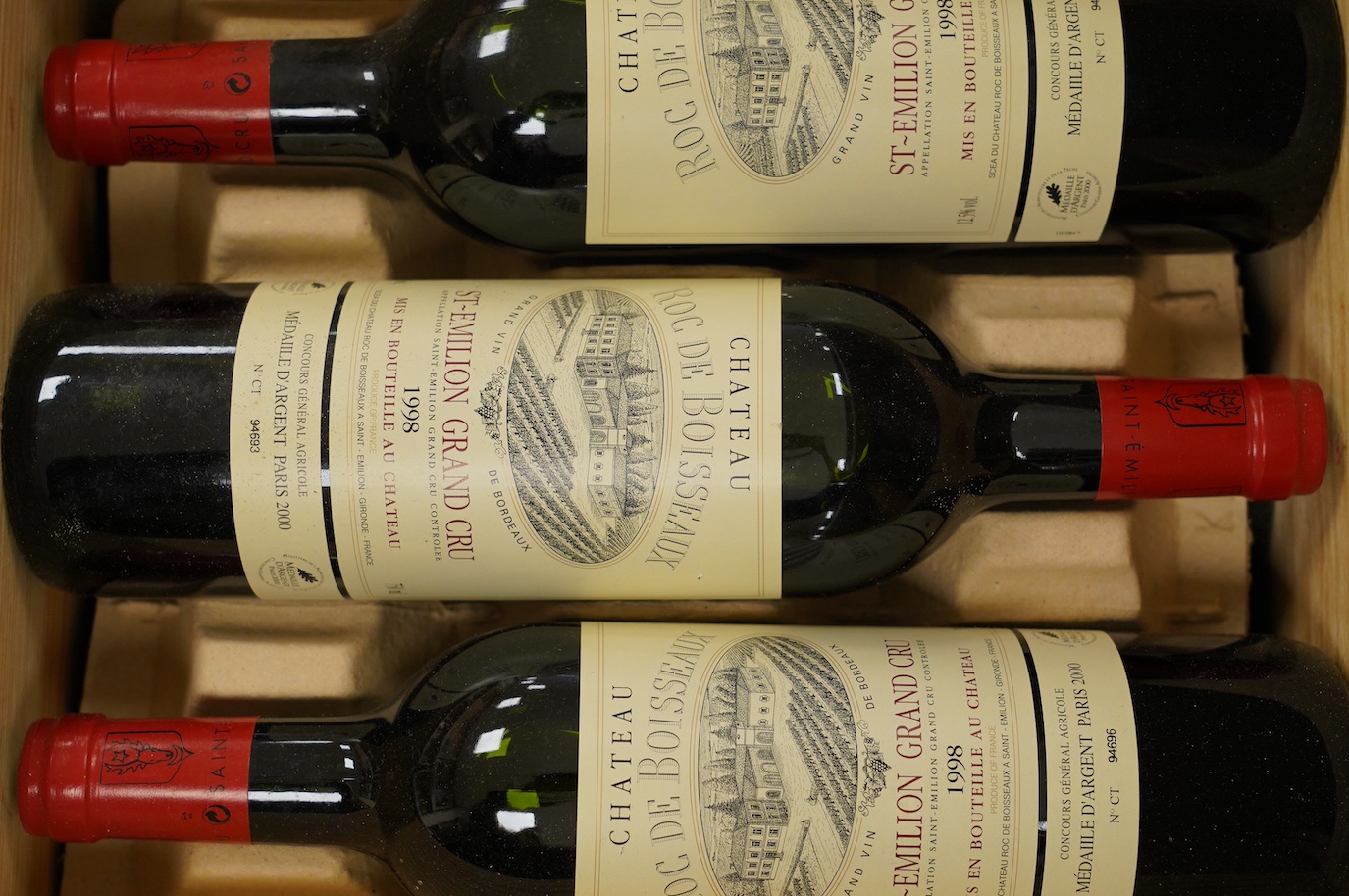 A case of six bottles of Chateau Roc de Boisseaux Saint Emilion grand Cru 1998. Condition - good